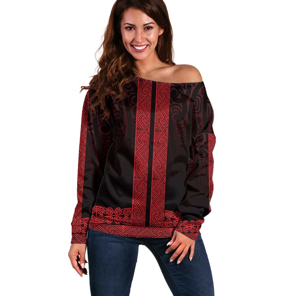 New Zealand Maori Kowhaiwhai Off Shoulder Sweater Whero Maui and Mangopare LT9 Women Red - Polynesian Pride