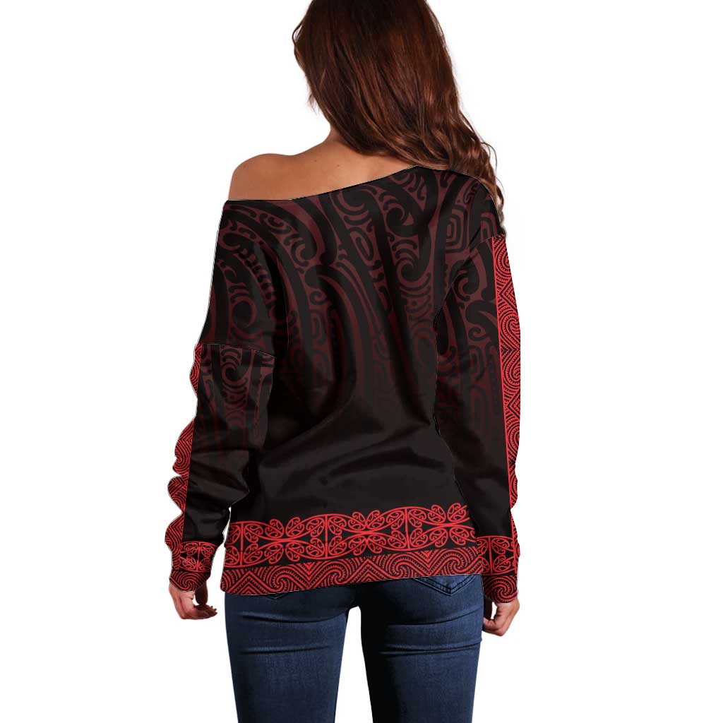New Zealand Maori Kowhaiwhai Off Shoulder Sweater Whero Maui and Mangopare LT9 - Polynesian Pride