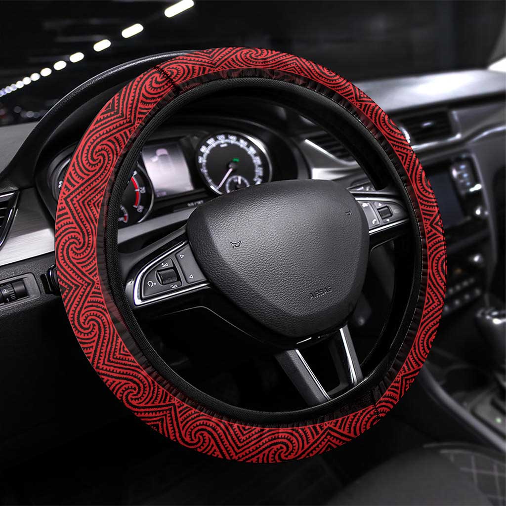 New Zealand Maori Kowhaiwhai Steering Wheel Cover Whero Maui and Mangopare LT9 Universal Fit Red - Polynesian Pride