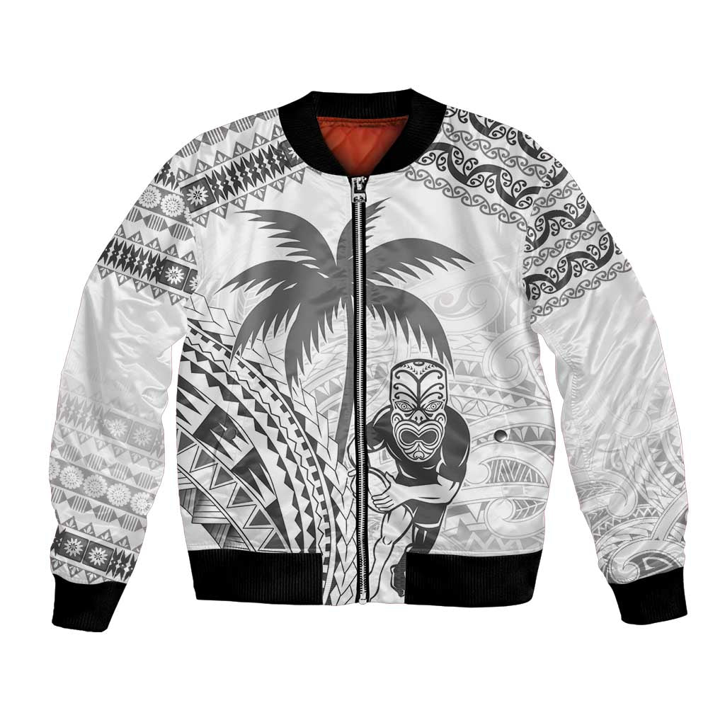 Custom Fiji Black Fern Bomber Jacket Maori Warroir with Fijian Masi Pattern LT9 Unisex White - Polynesian Pride