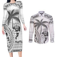 Custom Fiji Black Fern Couples Matching Long Sleeve Bodycon Dress and Long Sleeve Button Shirt Maori Warroir with Fijian Masi Pattern