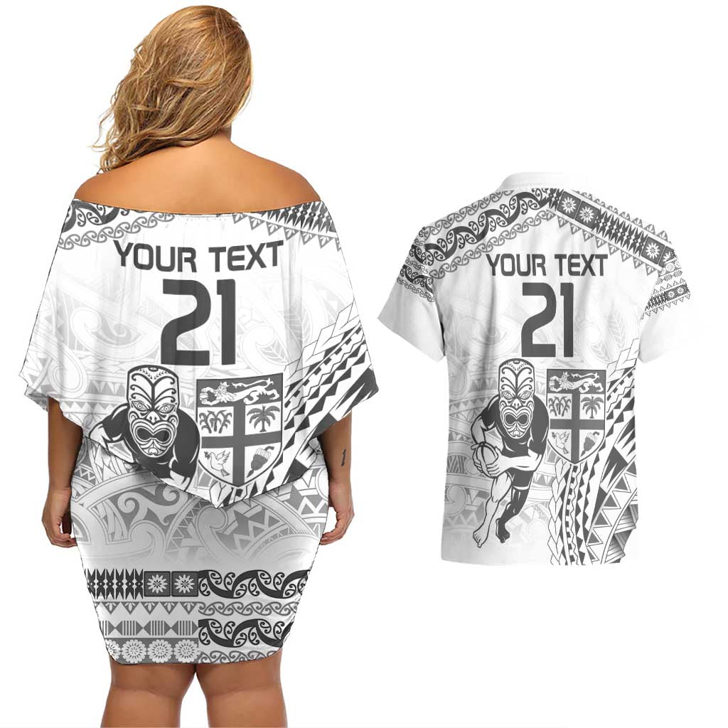 Custom Fiji Black Fern Couples Matching Off Shoulder Short Dress and Hawaiian Shirt Maori Warroir with Fijian Masi Pattern