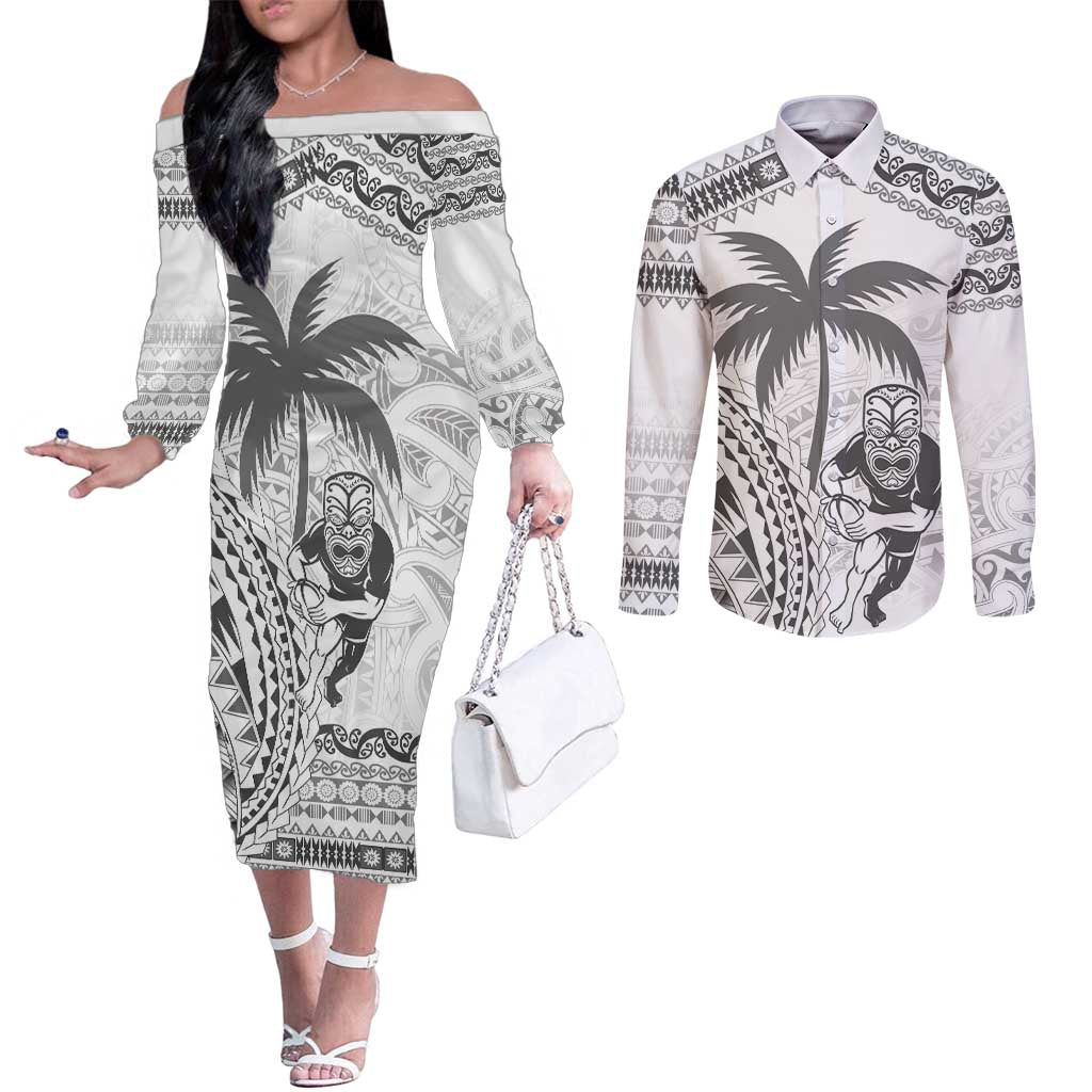 Custom Fiji Black Fern Couples Matching Off The Shoulder Long Sleeve Dress and Long Sleeve Button Shirt Maori Warroir with Fijian Masi Pattern