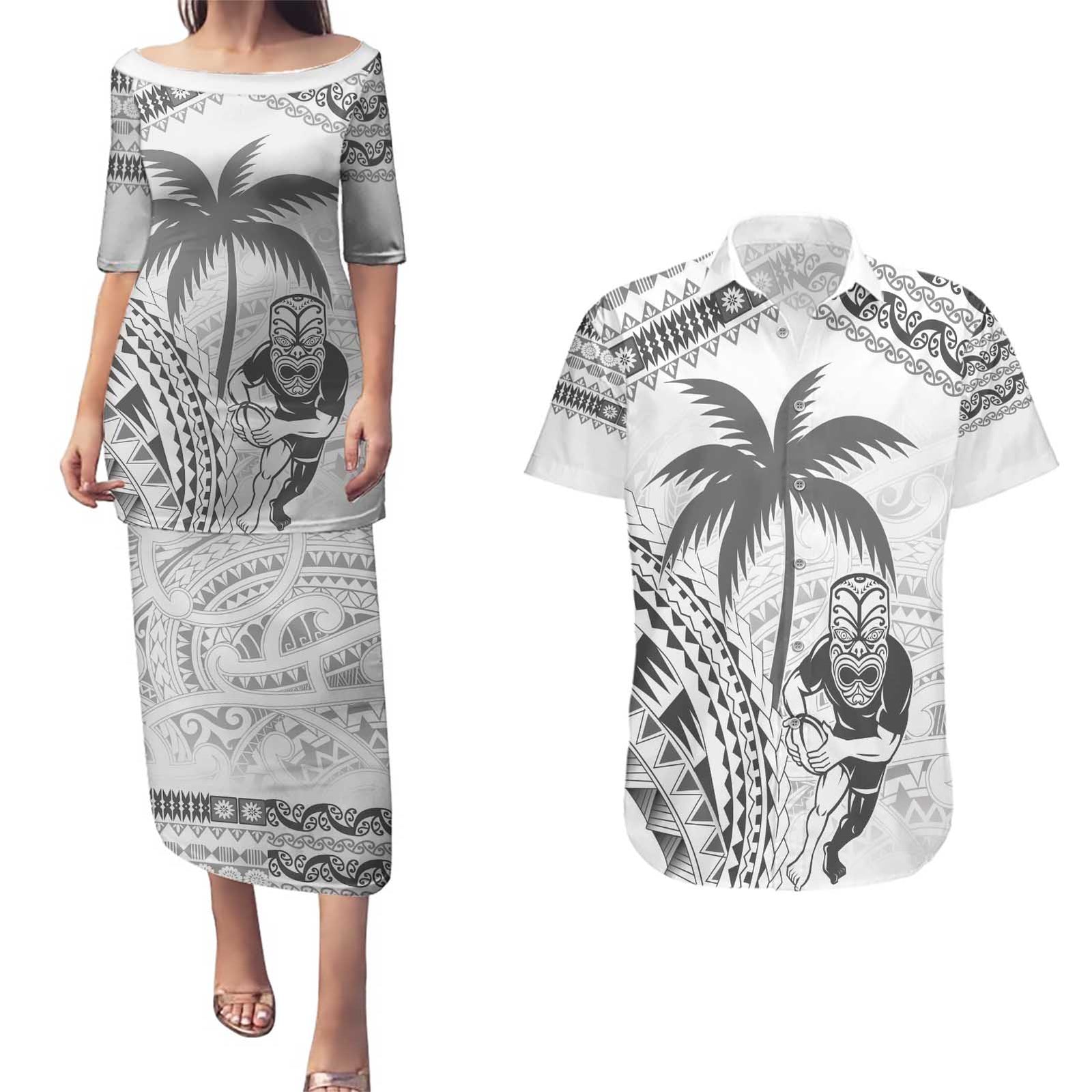 Custom Fiji Black Fern Couples Matching Puletasi and Hawaiian Shirt Maori Warroir with Fijian Masi Pattern