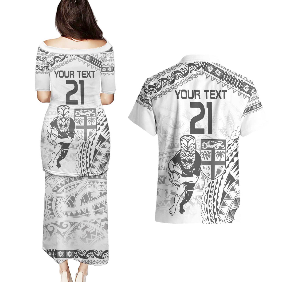 Custom Fiji Black Fern Couples Matching Puletasi and Hawaiian Shirt Maori Warroir with Fijian Masi Pattern