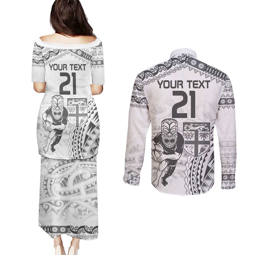 Custom Fiji Black Fern Couples Matching Puletasi and Long Sleeve Button Shirt Maori Warroir with Fijian Masi Pattern