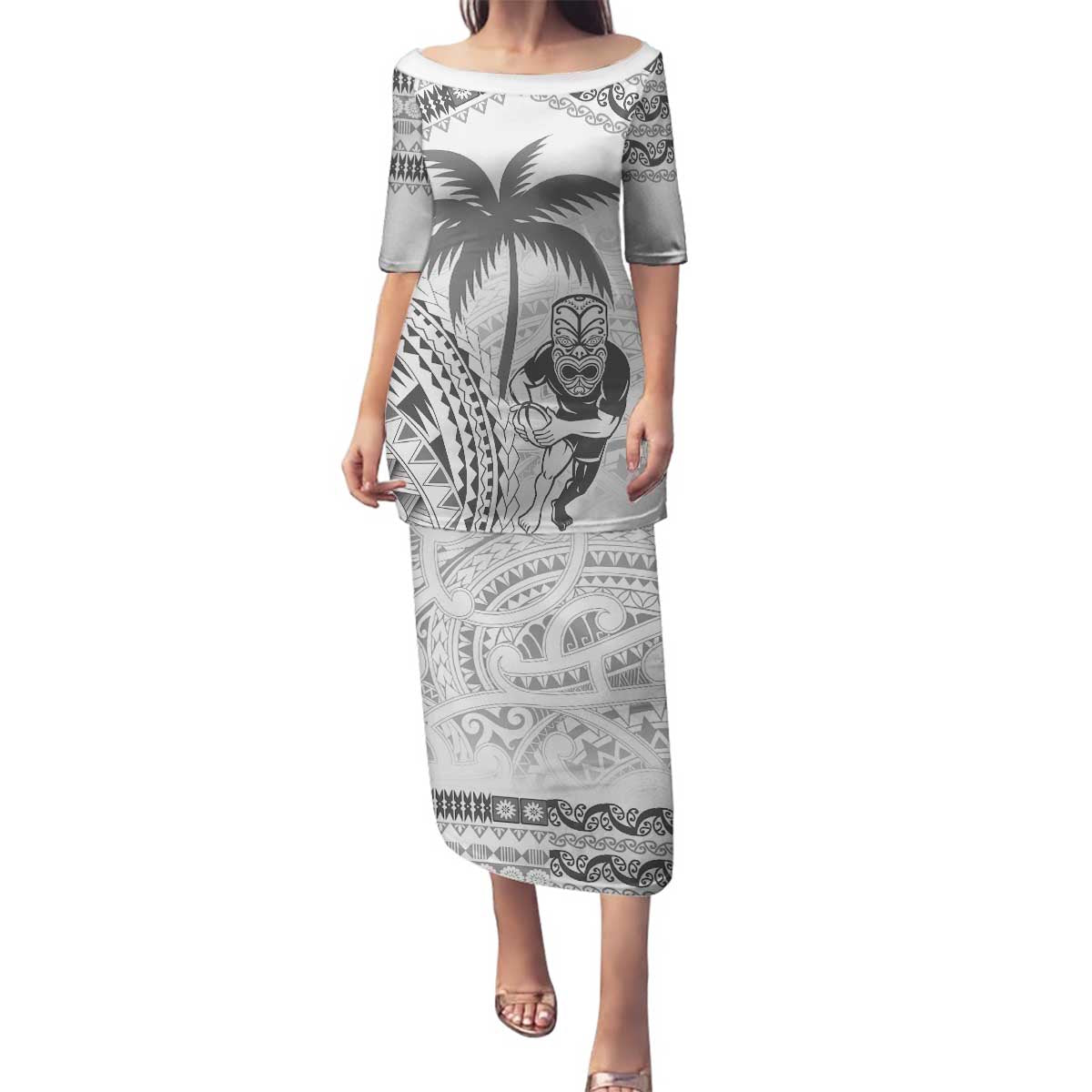 Custom Fiji Black Fern Family Matching Puletasi and Hawaiian Shirt Maori Warroir with Fijian Masi Pattern LT9 Mom's Dress White - Polynesian Pride