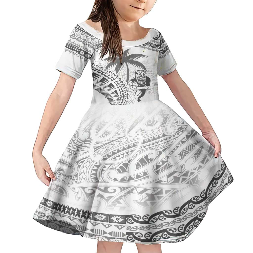 Custom Fiji Black Fern Family Matching Short Sleeve Bodycon Dress and Hawaiian Shirt Maori Warroir with Fijian Masi Pattern LT9 Daughter's Dress White - Polynesian Pride