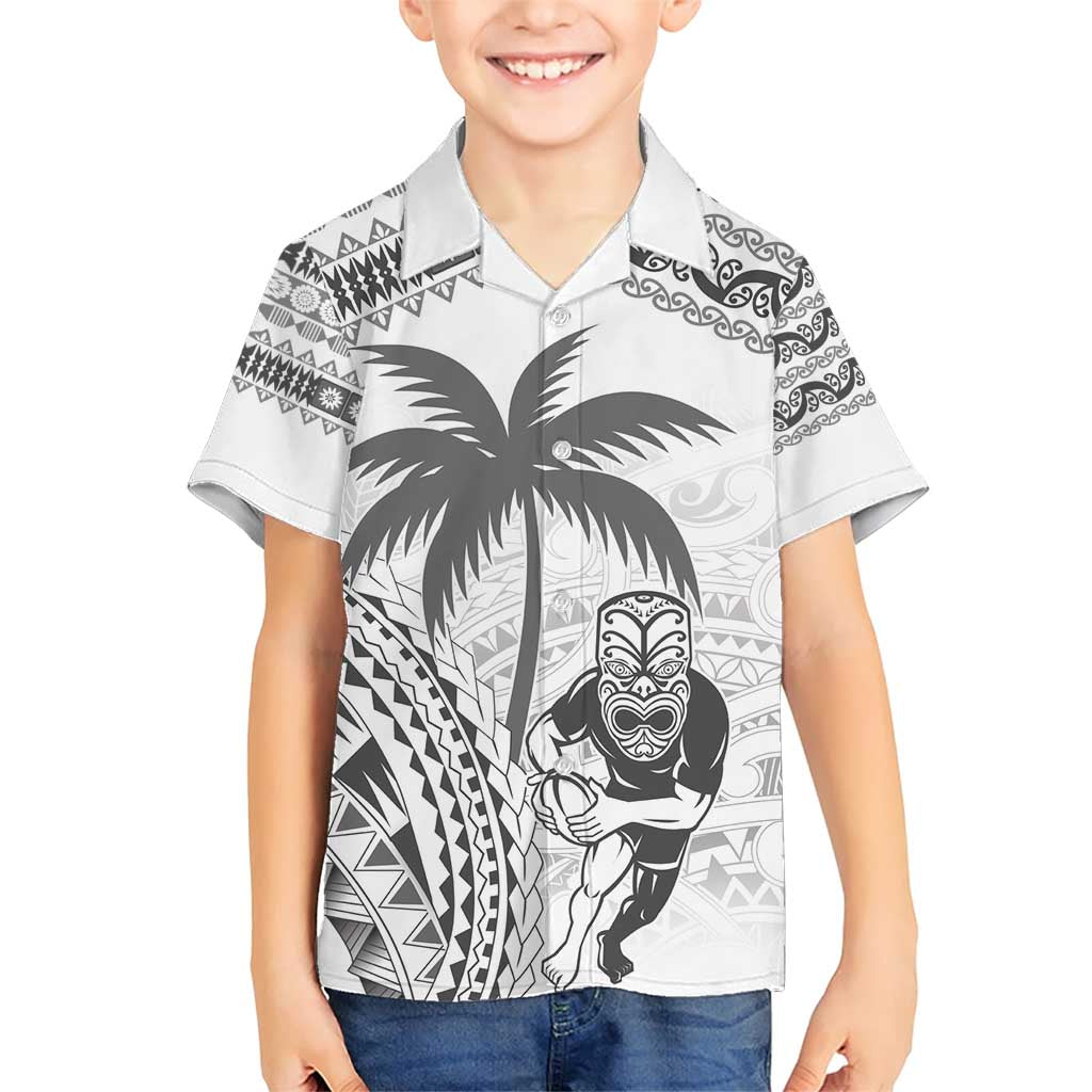Custom Fiji Black Fern Family Matching Short Sleeve Bodycon Dress and Hawaiian Shirt Maori Warroir with Fijian Masi Pattern LT9 Son's Shirt White - Polynesian Pride