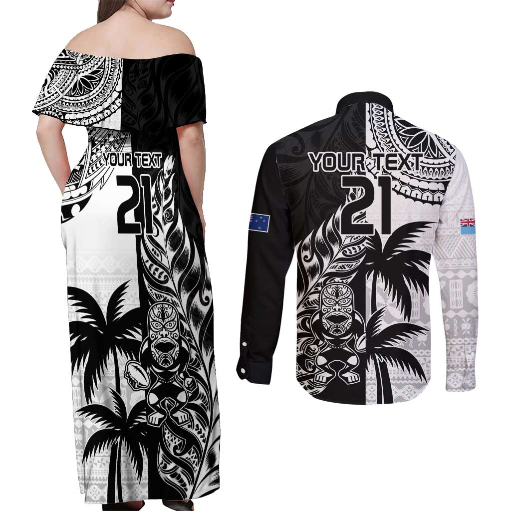 Custom Fiji New Zealand Couples Matching Off Shoulder Maxi Dress and Long Sleeve Button Shirt Maori mix Tapa Pattern Version