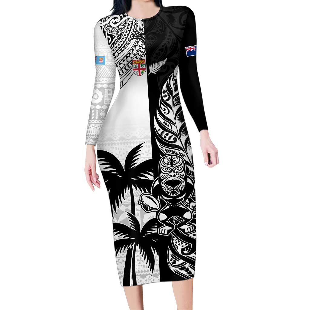 Custom Fiji New Zealand Family Matching Long Sleeve Bodycon Dress and Hawaiian Shirt Maori mix Tapa Pattern Version LT9 Mom's Dress Black - Polynesian Pride