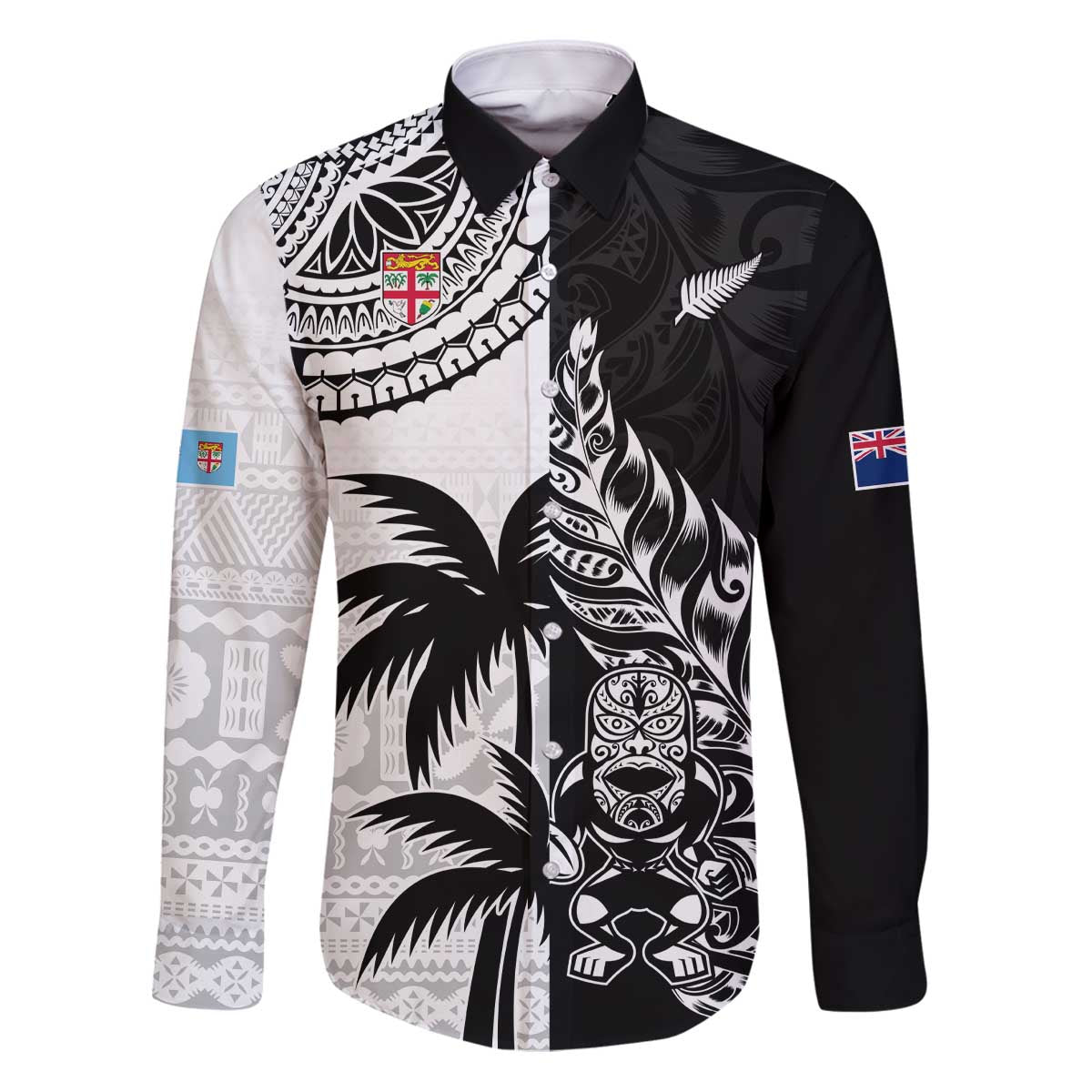 Custom Fiji New Zealand Family Matching Puletasi and Hawaiian Shirt Maori mix Tapa Pattern Version LT9 Dad's Shirt - Long Sleeve Black - Polynesian Pride