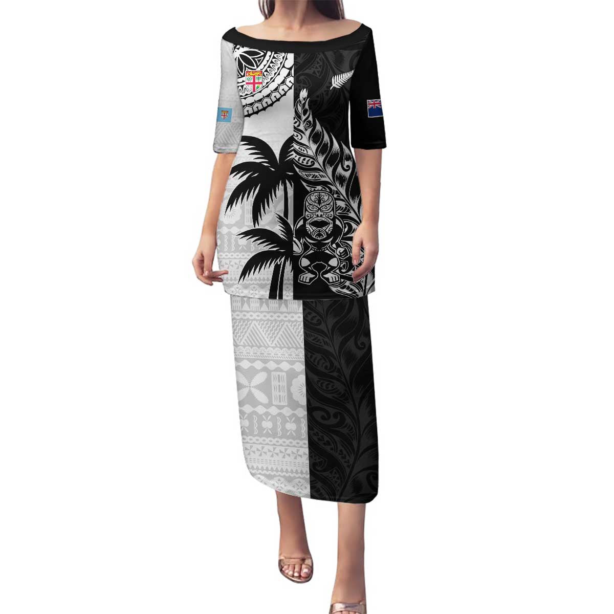 Custom Fiji New Zealand Family Matching Puletasi and Hawaiian Shirt Maori mix Tapa Pattern Version LT9 Mom's Dress Black - Polynesian Pride