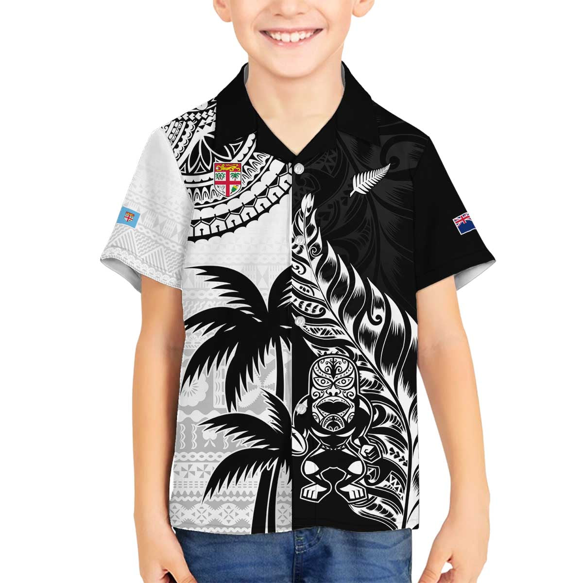 Custom Fiji New Zealand Family Matching Puletasi and Hawaiian Shirt Maori mix Tapa Pattern Version LT9 Son's Shirt Black - Polynesian Pride