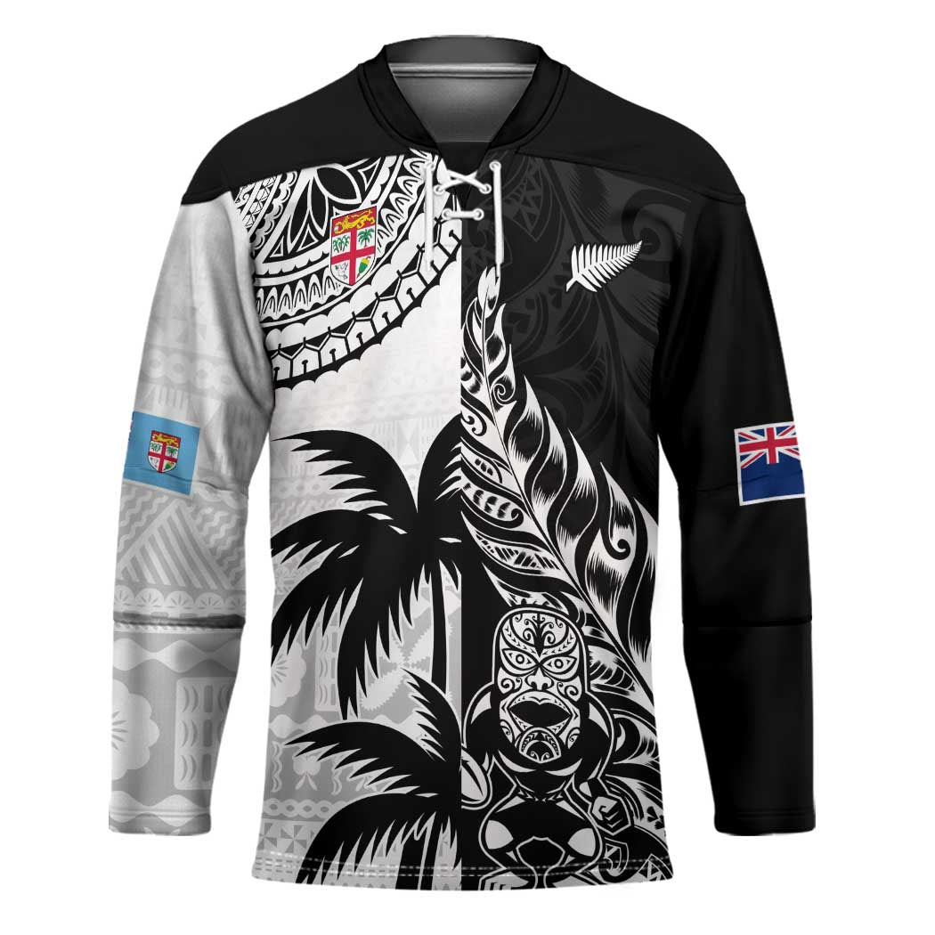 Fiji New Zealand Rugby Personalised Hockey Jersey Maori and Tapa Pattern LT9 Unisex Black - Polynesian Pride