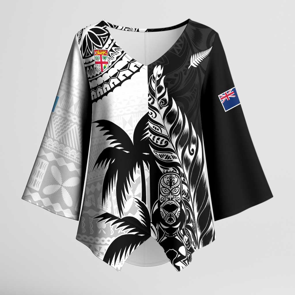 Fiji New Zealand Rugby Personalised Kimono Sleeve Blouse Maori and Tapa Pattern - Polynesian Pride