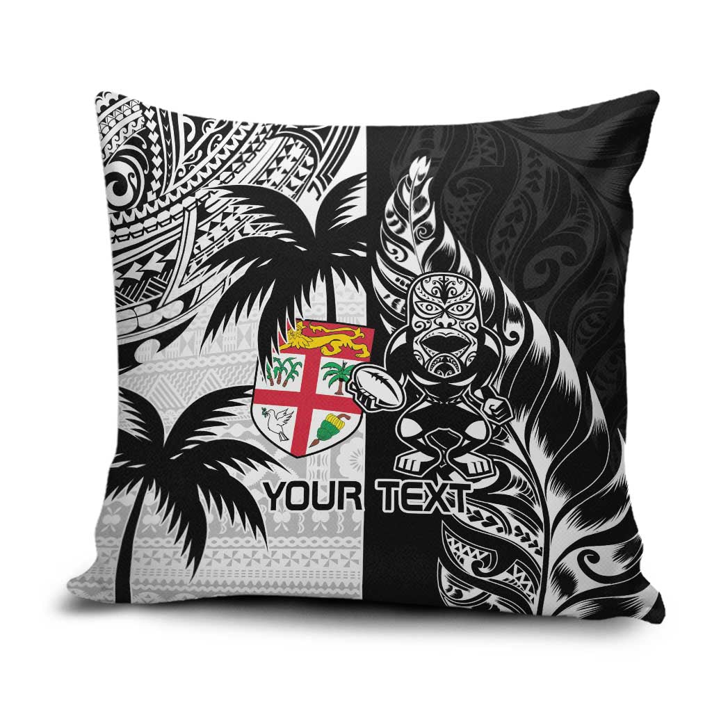 Fiji New Zealand Rugby Personalised Pillow Cover Maori and Tapa Pattern LT9 Black - Polynesian Pride