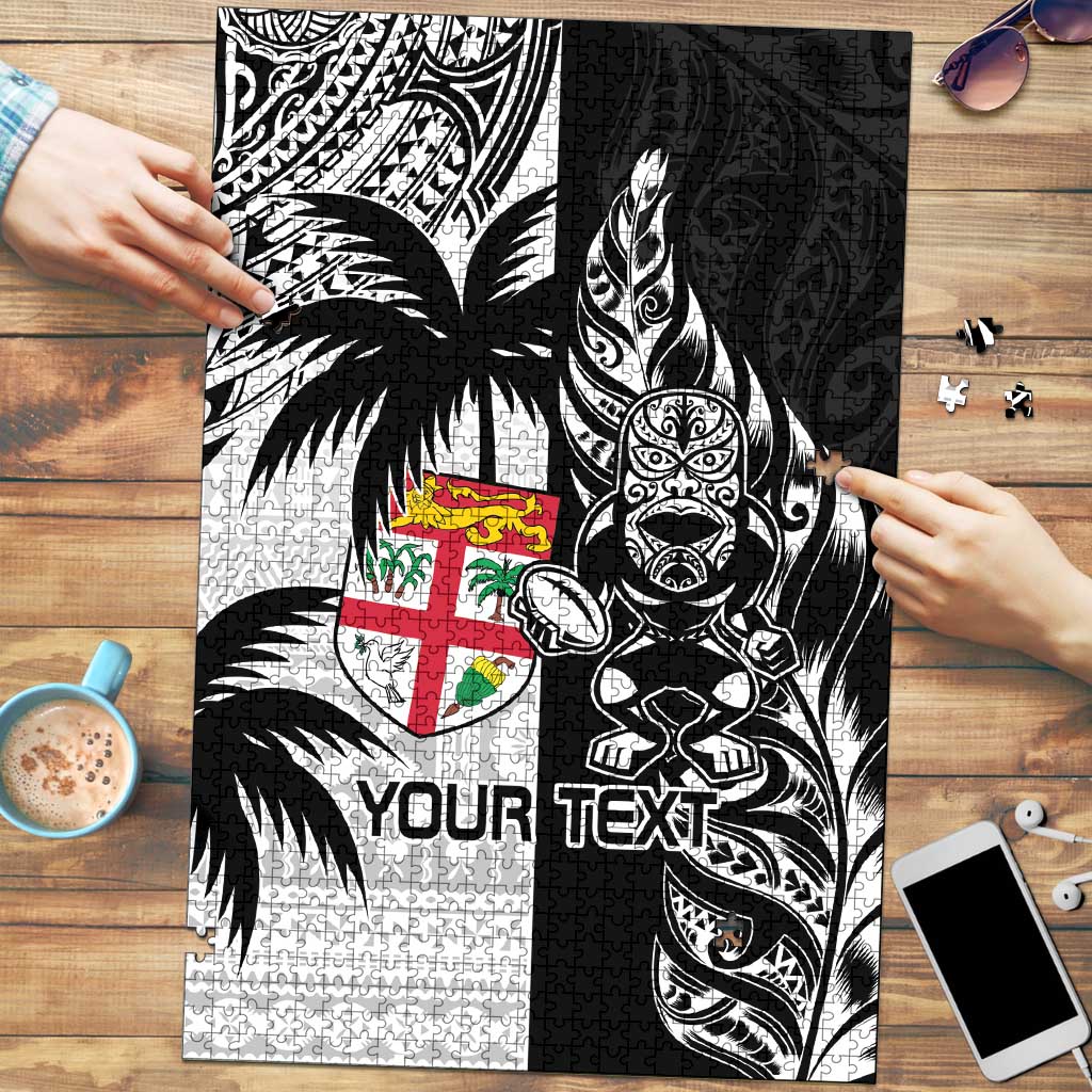 Fiji New Zealand Rugby Personalised Puzzle Maori and Tapa Pattern - Polynesian Pride