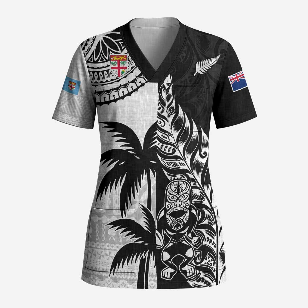 Fiji New Zealand Rugby Personalised Scrub Top Maori and Tapa Pattern - Polynesian Pride