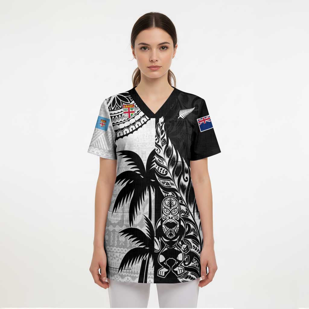 Fiji New Zealand Rugby Personalised Scrub Top Maori and Tapa Pattern - Polynesian Pride