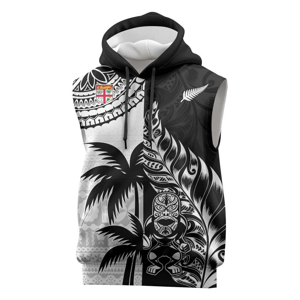 Fiji New Zealand Rugby Personalised Sleeveless Hoodie Maori and Tapa Pattern LT9 Black - Polynesian Pride