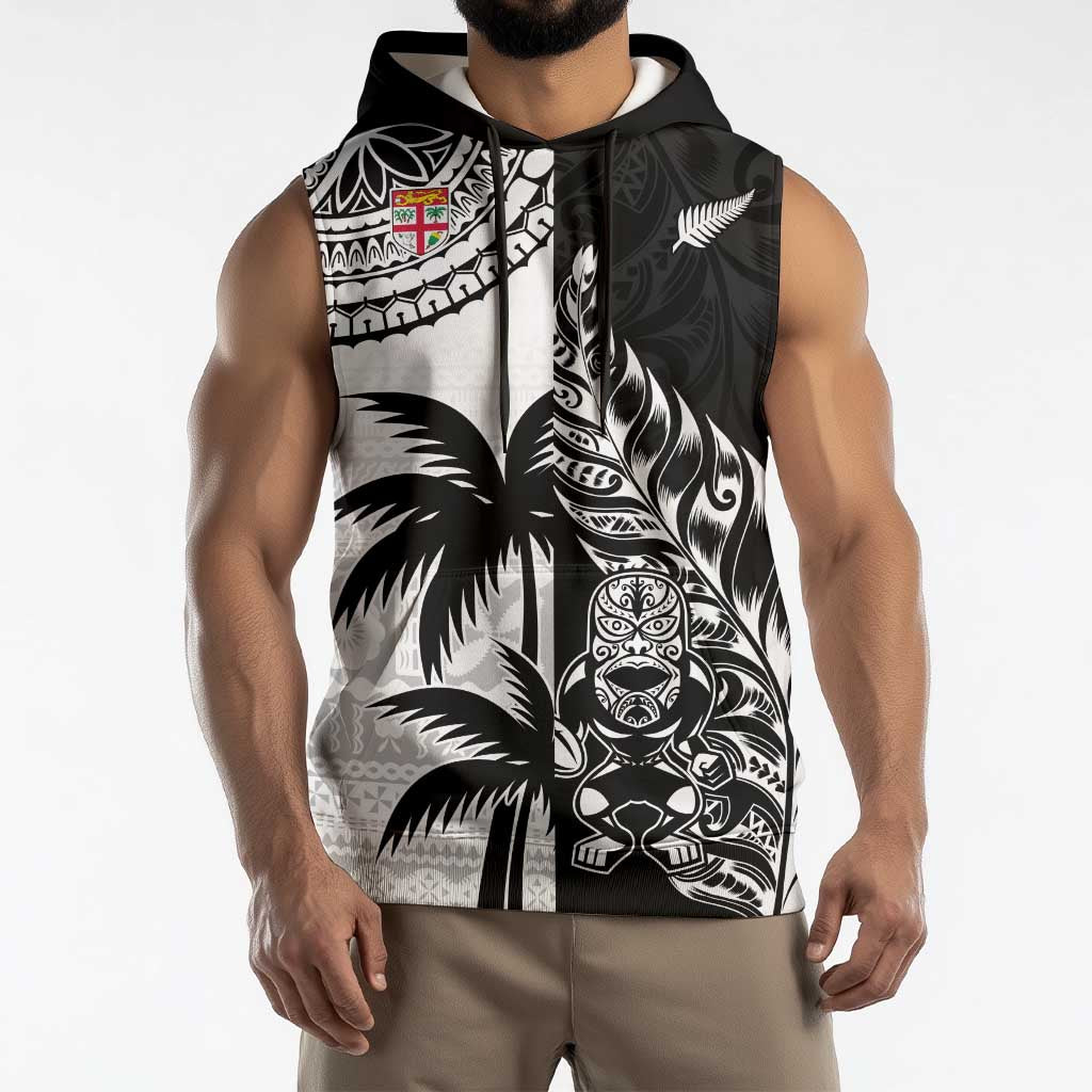 Fiji New Zealand Rugby Personalised Sleeveless Hoodie Maori and Tapa Pattern LT9 - Polynesian Pride