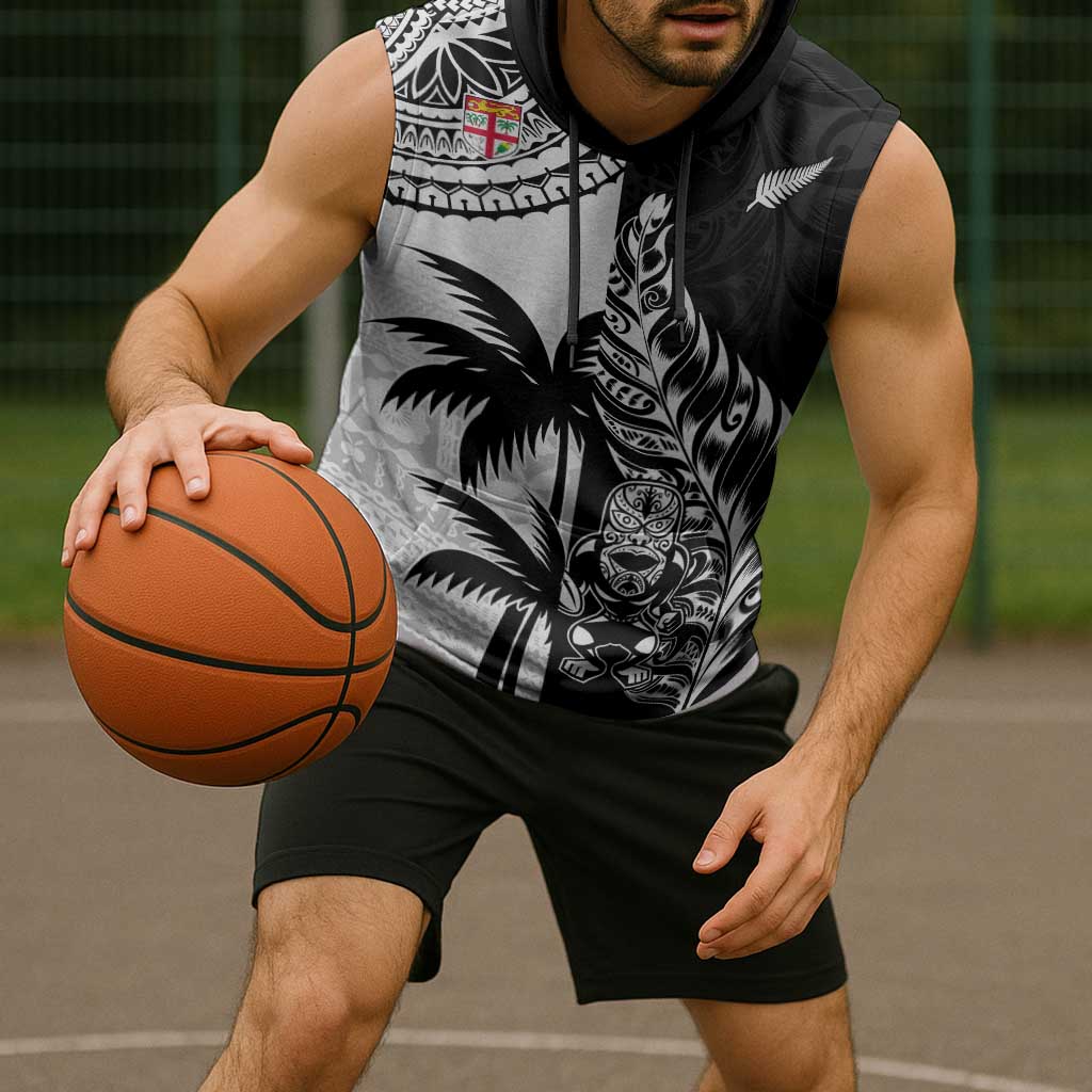Fiji New Zealand Rugby Personalised Sleeveless Hoodie Maori and Tapa Pattern LT9 - Polynesian Pride