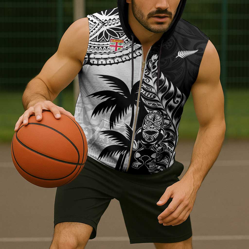 Fiji New Zealand Rugby Personalised Sleeveless Zip Hoodie Maori and Tapa Pattern - Polynesian Pride