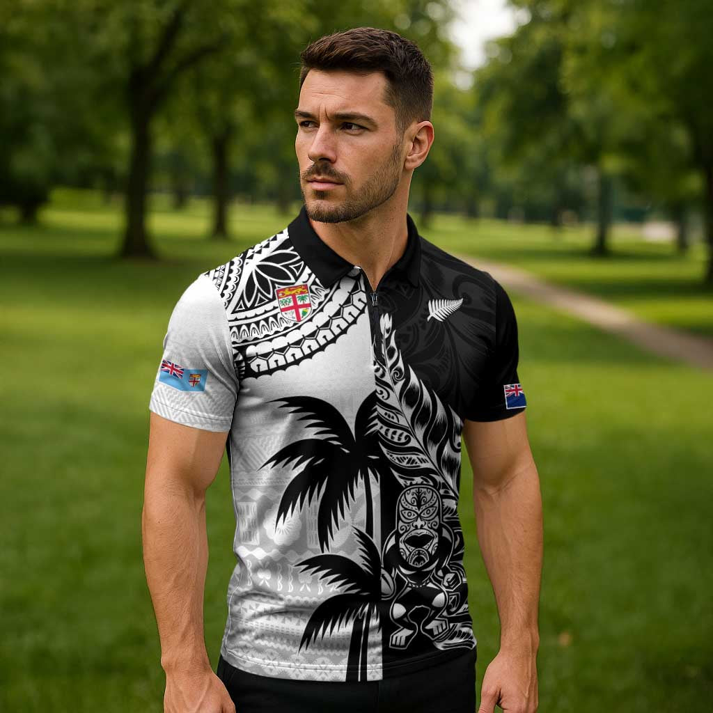 Fiji New Zealand Rugby Personalised Zipper Polo Shirt Maori and Tapa Pattern - Polynesian Pride