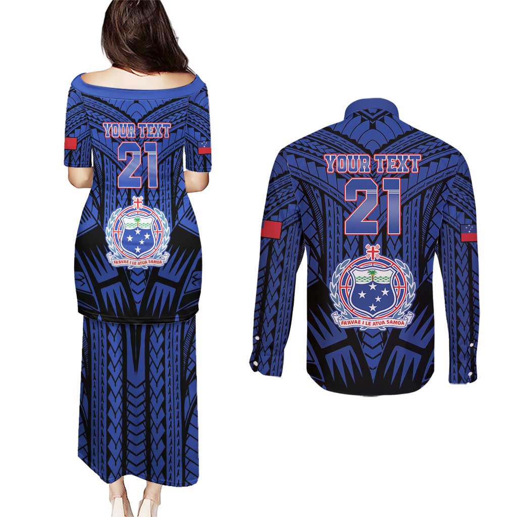 Custom Manu Samoa Sevens Rugby Couples Matching Puletasi and Long Sleeve Button Shirt Samoan Tribal Tattoo