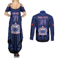 Custom Manu Samoa Sevens Rugby Couples Matching Summer Maxi Dress and Long Sleeve Button Shirt Samoan Tribal Tattoo