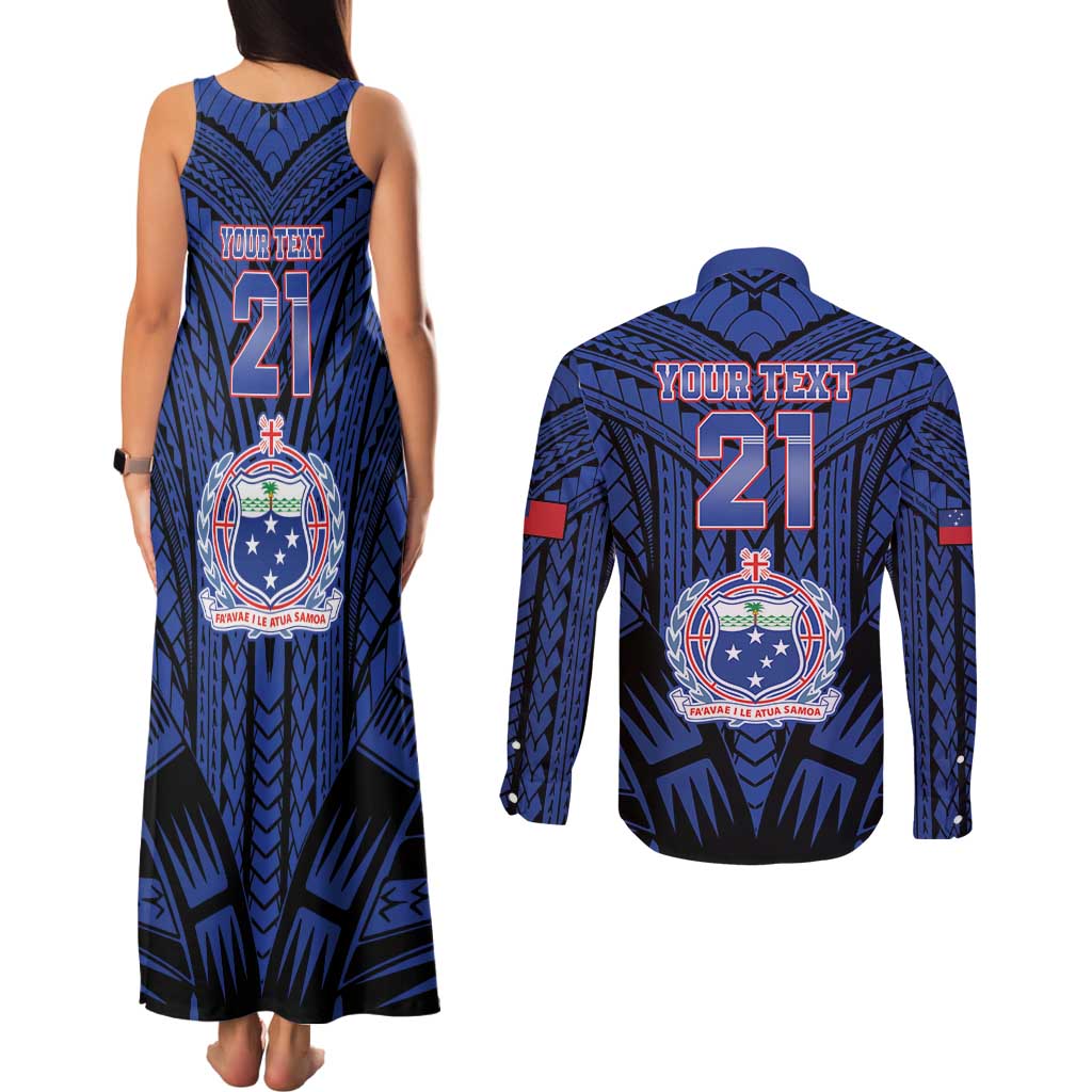 Custom Manu Samoa Sevens Rugby Couples Matching Tank Maxi Dress and Long Sleeve Button Shirt Samoan Tribal Tattoo