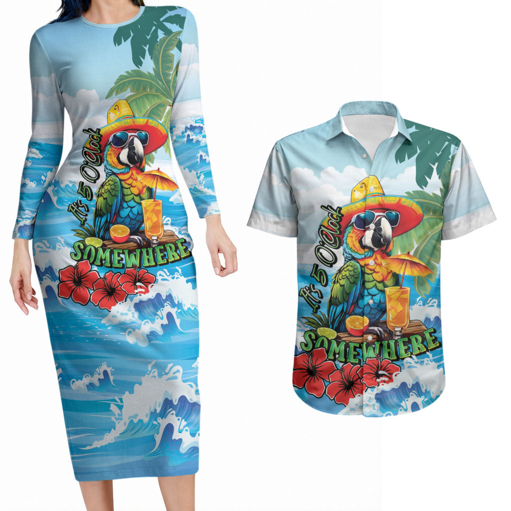 Funny Parrot Margarita Five O'clock Somewhere Couples Matching Long Sleeve Bodycon Dress and Hawaiian Shirt LT9 Blue - Polynesian Pride