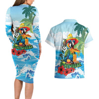 Funny Parrot Margarita Five O'clock Somewhere Couples Matching Long Sleeve Bodycon Dress and Hawaiian Shirt