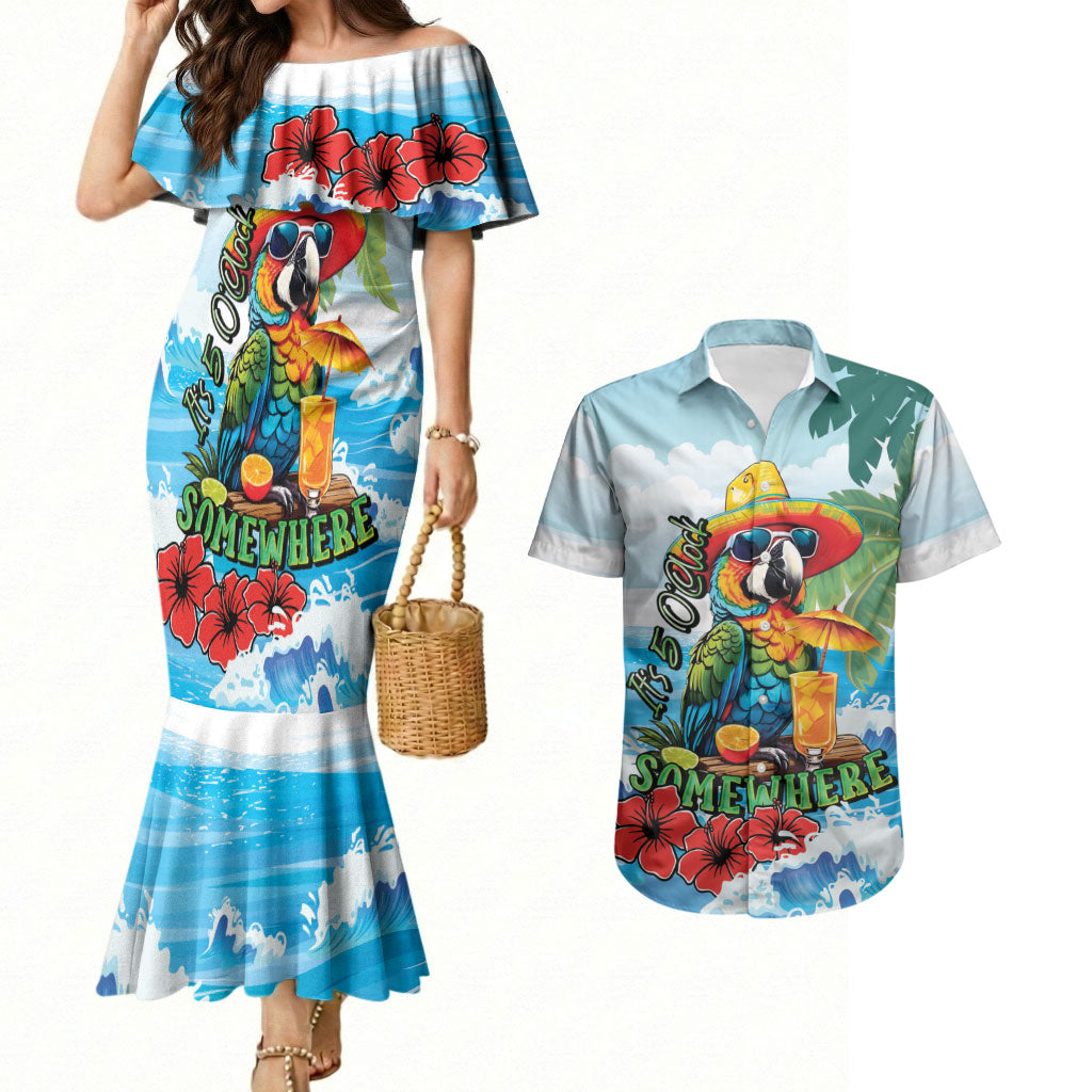 Funny Parrot Margarita Five O'clock Somewhere Couples Matching Mermaid Dress and Hawaiian Shirt LT9 Blue - Polynesian Pride