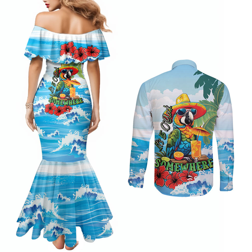 Funny Parrot Margarita Five O'clock Somewhere Couples Matching Mermaid Dress and Long Sleeve Button Shirt LT9 - Polynesian Pride