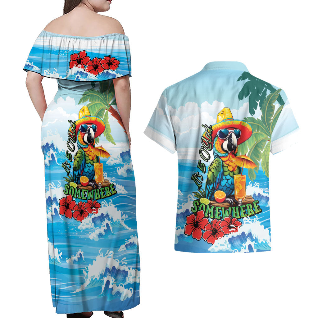 Funny Parrot Margarita Five O'clock Somewhere Couples Matching Off Shoulder Maxi Dress and Hawaiian Shirt