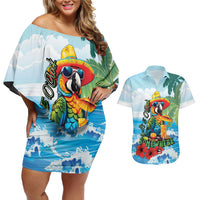 Funny Parrot Margarita Five O'clock Somewhere Couples Matching Off Shoulder Short Dress and Hawaiian Shirt