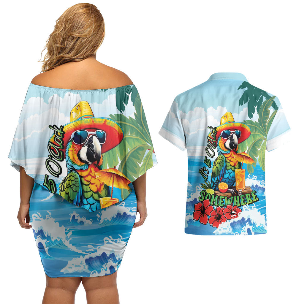 Funny Parrot Margarita Five O'clock Somewhere Couples Matching Off Shoulder Short Dress and Hawaiian Shirt