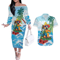 Funny Parrot Margarita Five O'clock Somewhere Couples Matching Off The Shoulder Long Sleeve Dress and Hawaiian Shirt