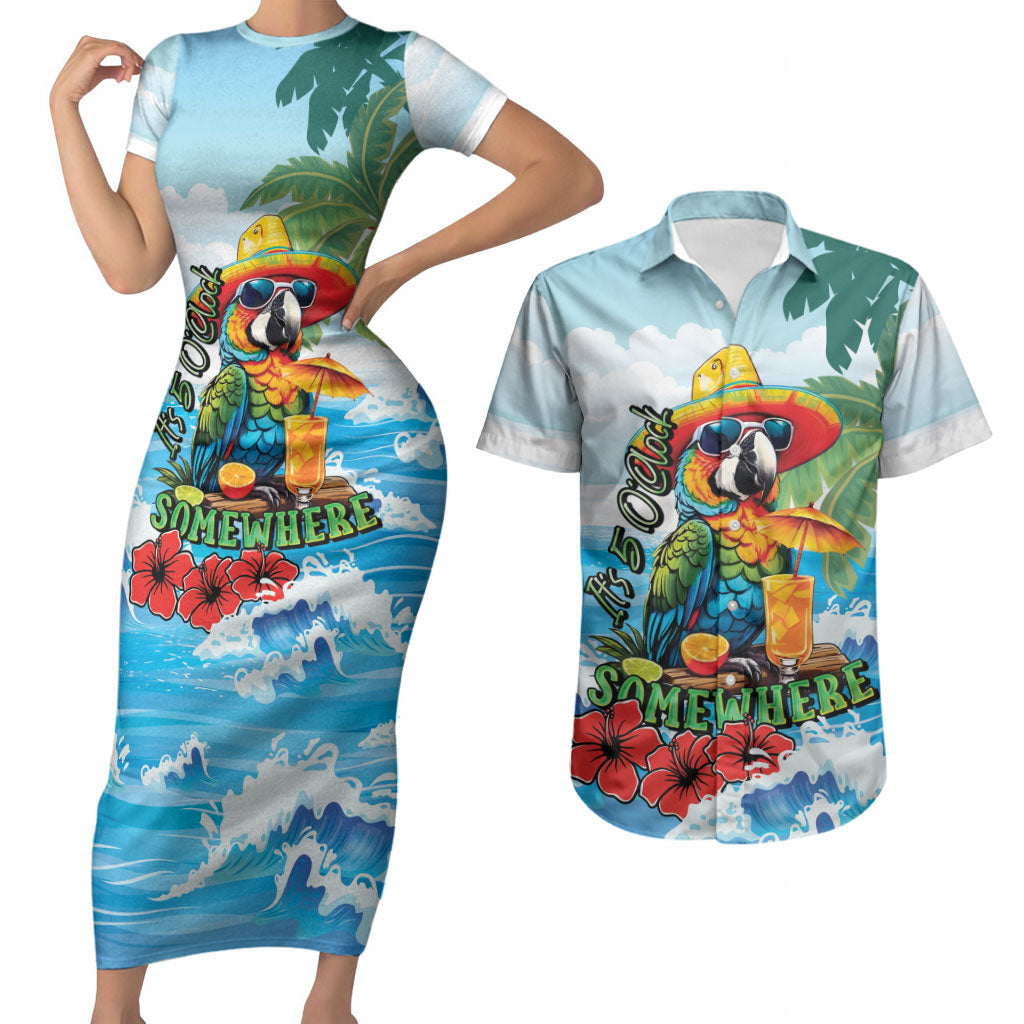 Funny Parrot Margarita Five O'clock Somewhere Couples Matching Short Sleeve Bodycon Dress and Hawaiian Shirt LT9 Blue - Polynesian Pride