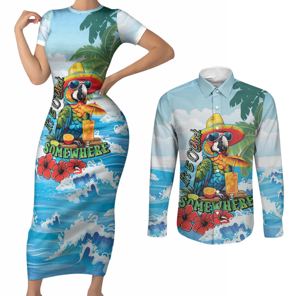 Funny Parrot Margarita Five O'clock Somewhere Couples Matching Short Sleeve Bodycon Dress and Long Sleeve Button Shirt LT9 Blue - Polynesian Pride