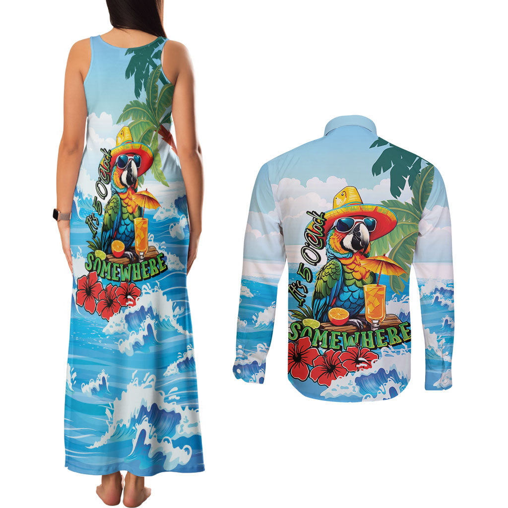 Funny Parrot Margarita Five O'clock Somewhere Couples Matching Tank Maxi Dress and Long Sleeve Button Shirt