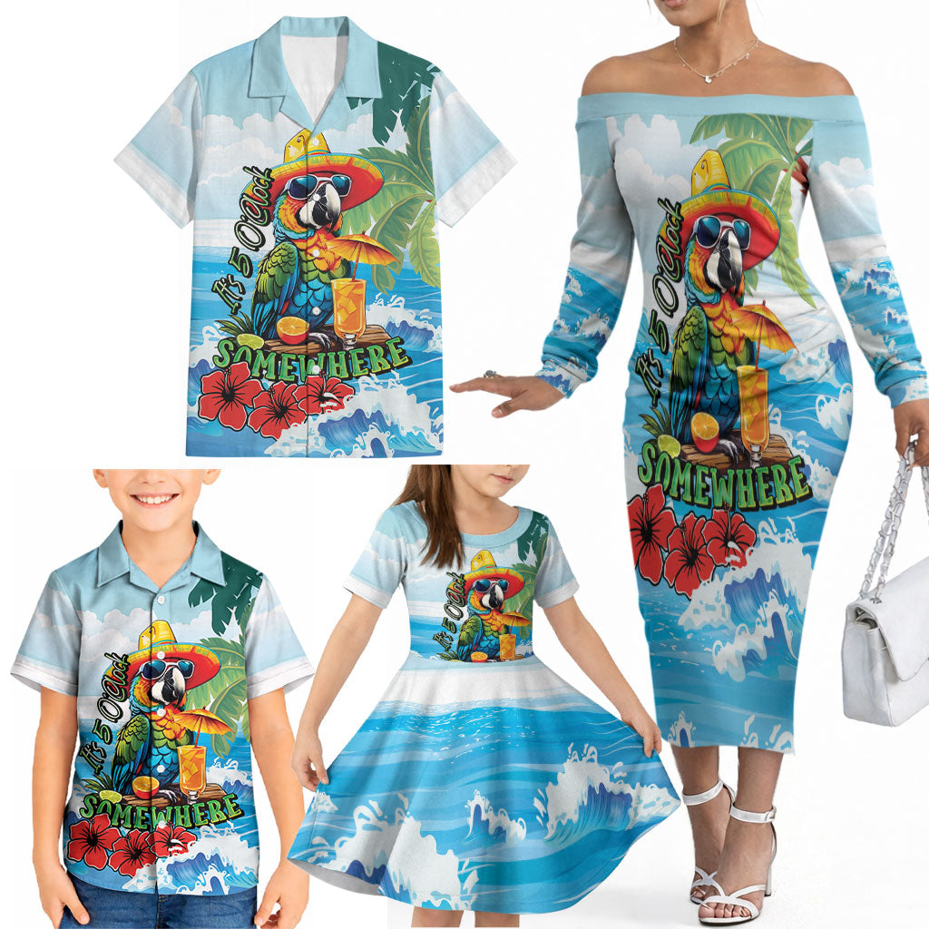 Funny Parrot Margarita Five O'clock Somewhere Family Matching Off The Shoulder Long Sleeve Dress and Hawaiian Shirt LT9 - Polynesian Pride