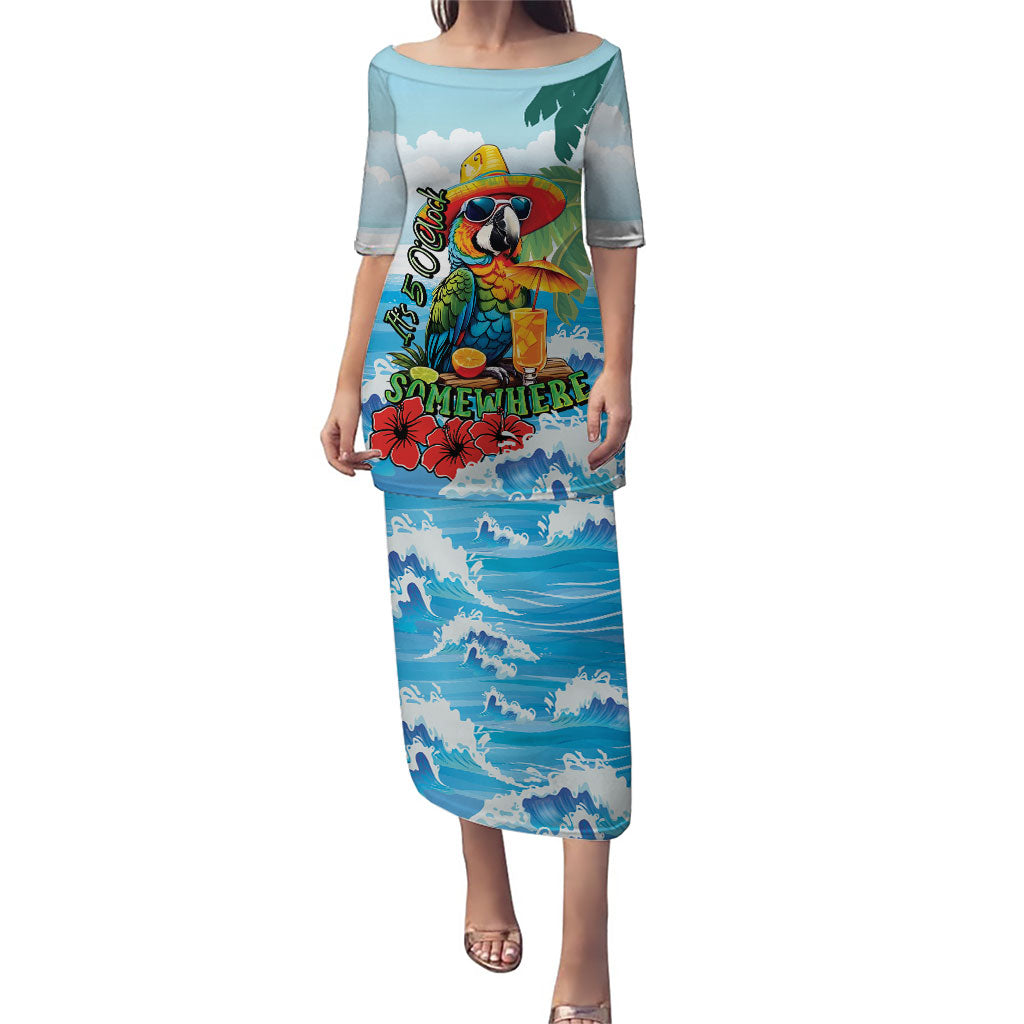 Funny Parrot Margarita Five O'clock Somewhere Family Matching Puletasi and Hawaiian Shirt