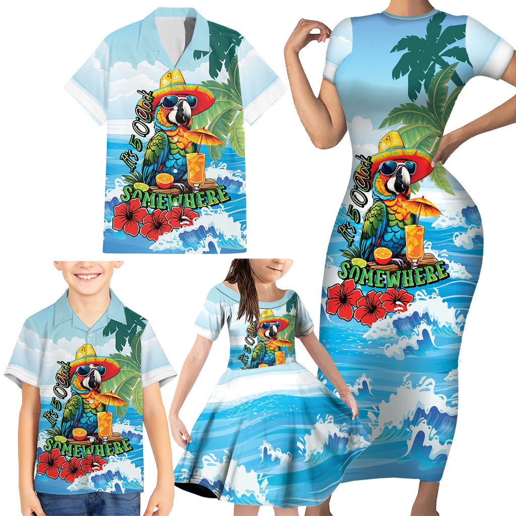 Funny Parrot Margarita Five O'clock Somewhere Family Matching Short Sleeve Bodycon Dress and Hawaiian Shirt