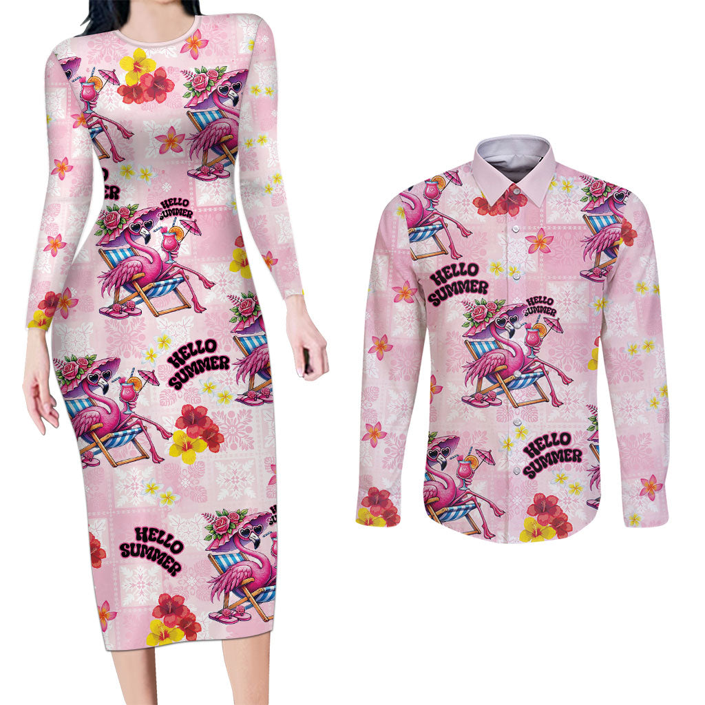 Hawaii Flamingo Hello Summer Couples Matching Long Sleeve Bodycon Dress and Long Sleeve Button Shirt Hawaiian Quilt Pattern