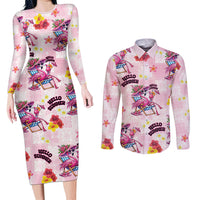 Hawaii Flamingo Hello Summer Couples Matching Long Sleeve Bodycon Dress and Long Sleeve Button Shirt Hawaiian Quilt Pattern