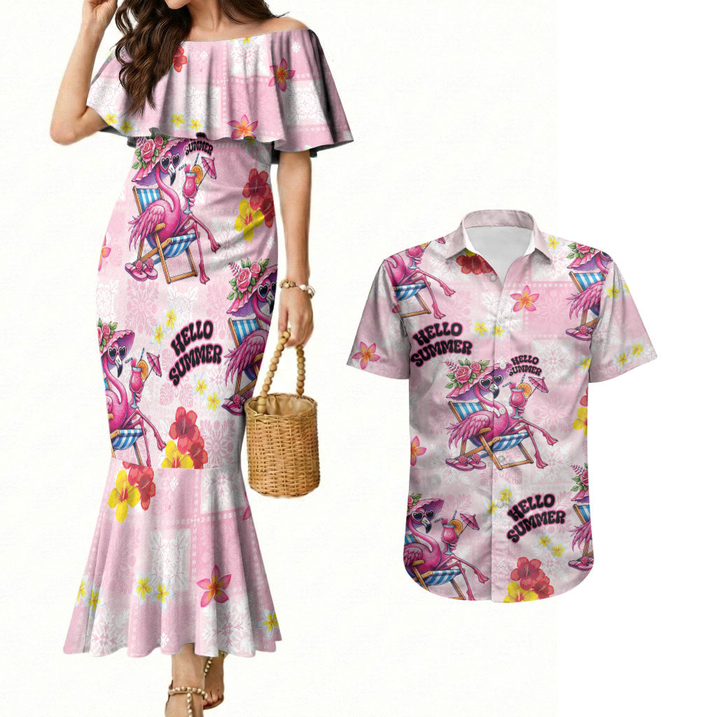Hawaii Flamingo Hello Summer Couples Matching Mermaid Dress and Hawaiian Shirt Hawaiian Quilt Pattern LT9 Pink - Polynesian Pride