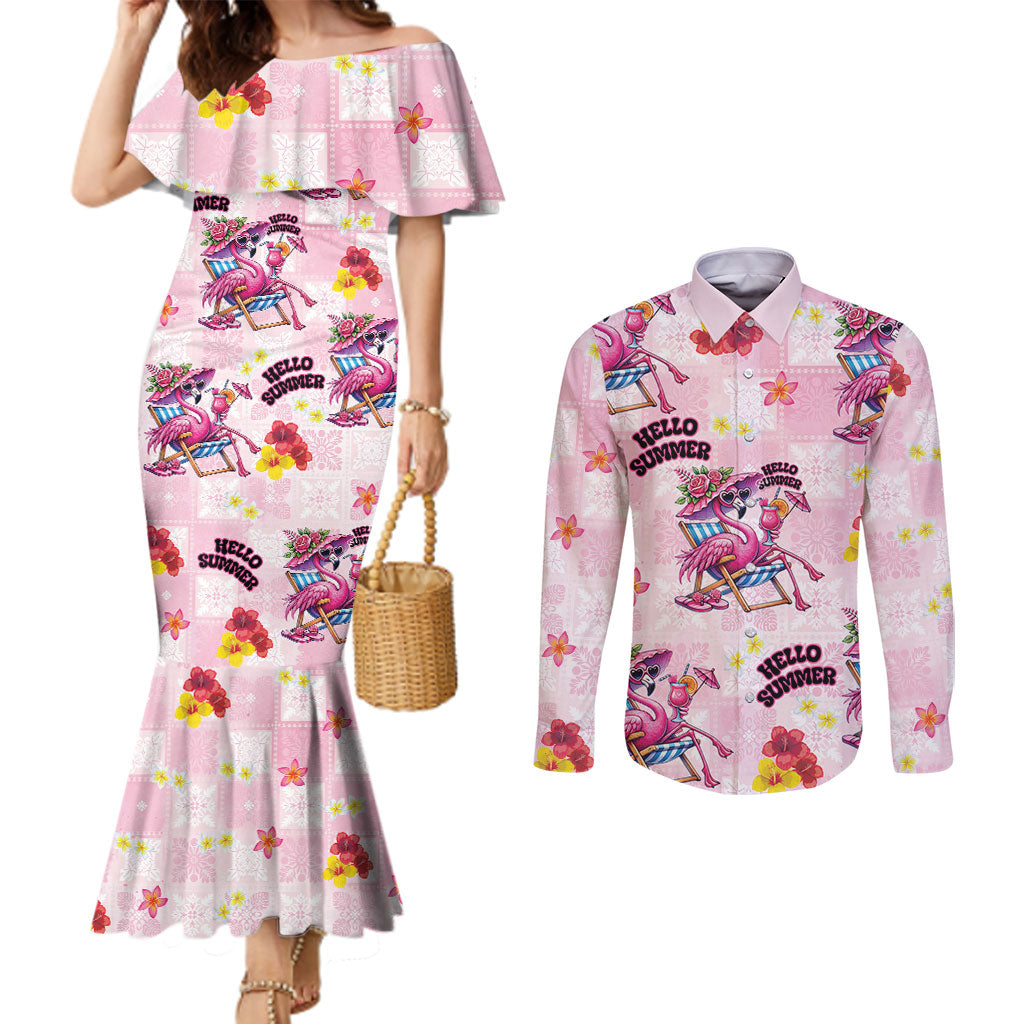 Hawaii Flamingo Hello Summer Couples Matching Mermaid Dress and Long Sleeve Button Shirt Hawaiian Quilt Pattern